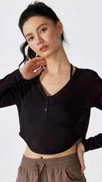 BreezyFit V-Neck Button Cropped Long Sleeve